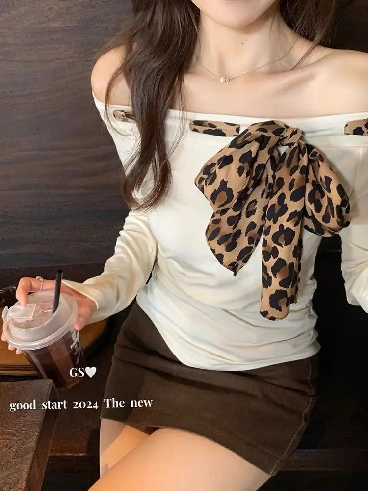 Off shoulder Tops Y2k Bow Tied Long sleeve Leopard T Shirt Women Sexy Tight Basic Crop Top Lady Casual Black Tees 2024 Korean