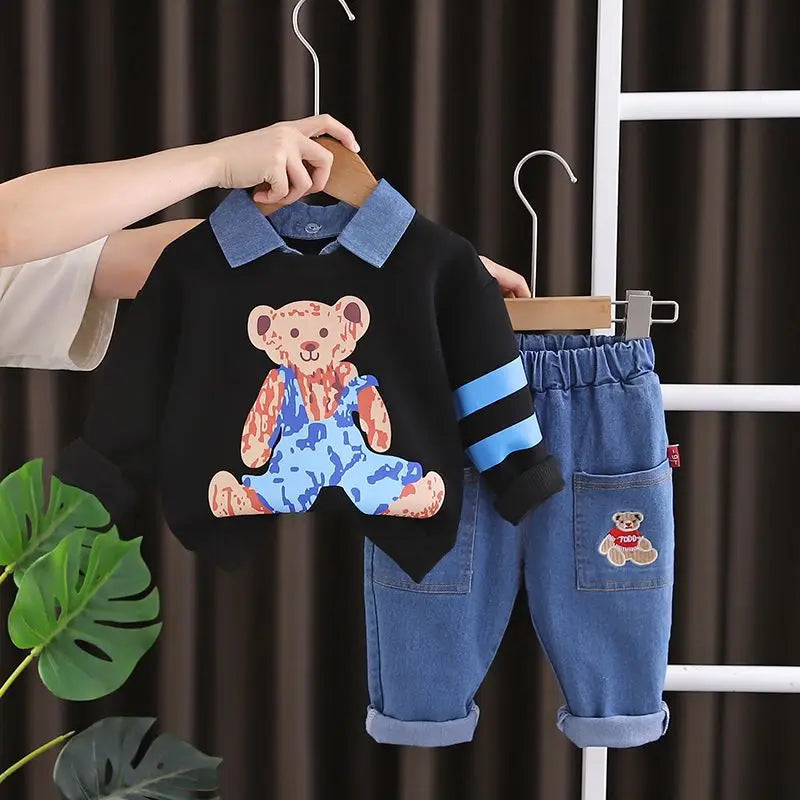 New boys' spring and autumn fashion casual sitting Bear Lapel sweater boys' jeans two piece set