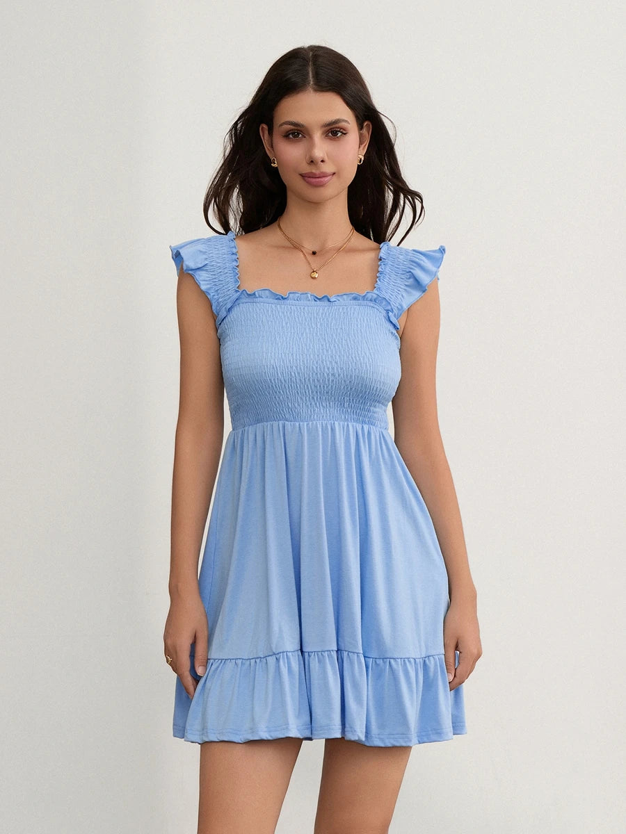 Women Solid Color Mini Dress Fly Sleeve Ruched A-line Dress Fashion Summer Casual Dress