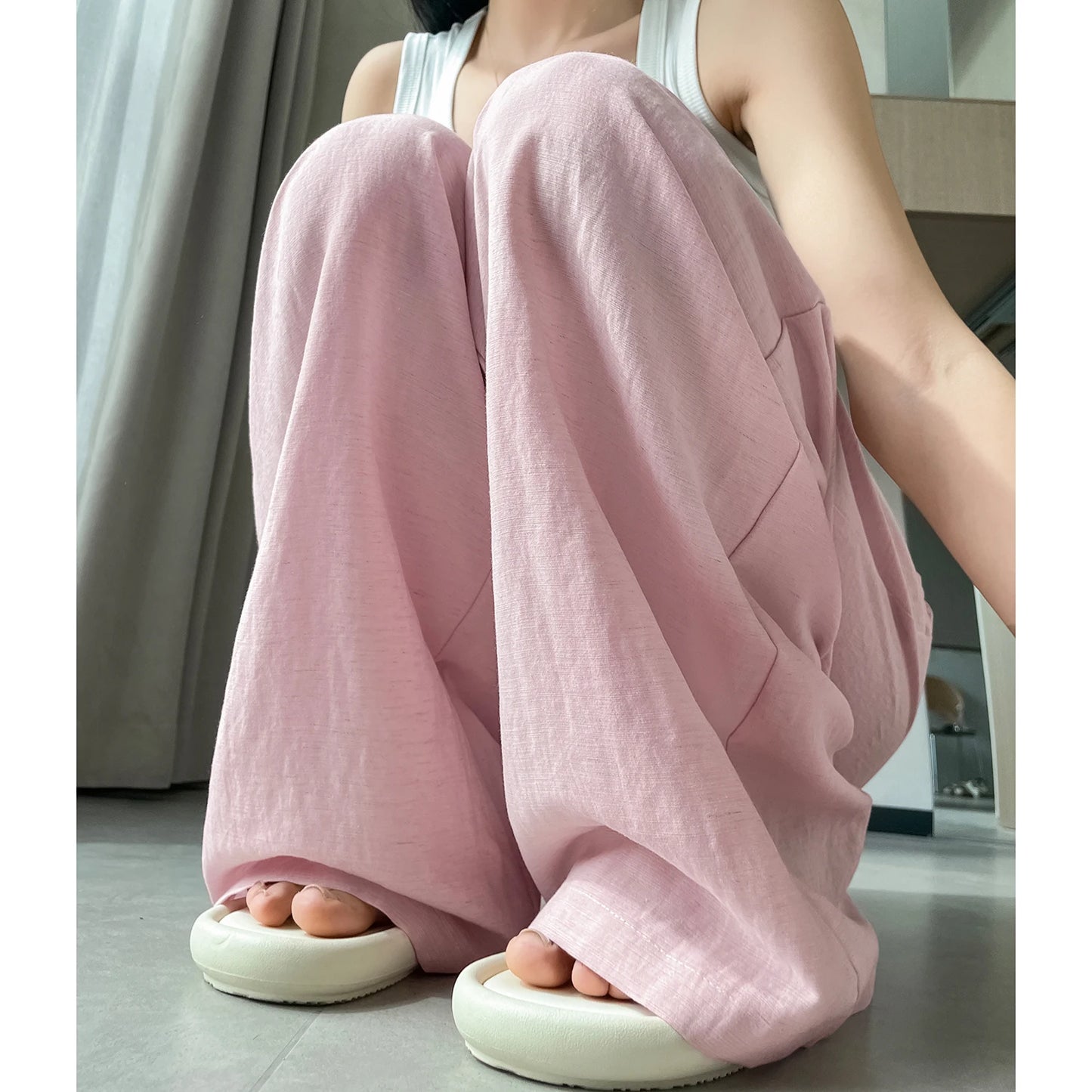 Cotton and Linen Women's Wide Leg Full Pants High Waist Summer Female Elegant Minimalism Straight Loose Trousers 2024 Autumn