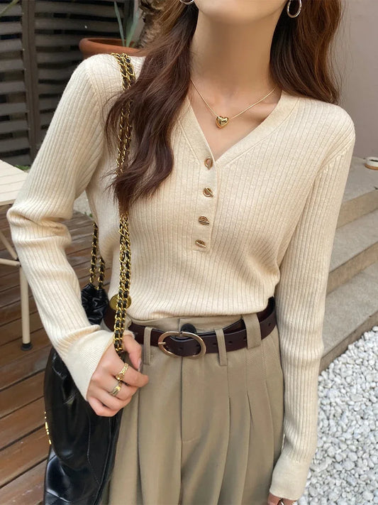 2025 Autumn Winter Women Sweaters Casual Slim Button Knitted Pullover Sweater Femme Basic Solid Jersey Tops Fashion Clothes