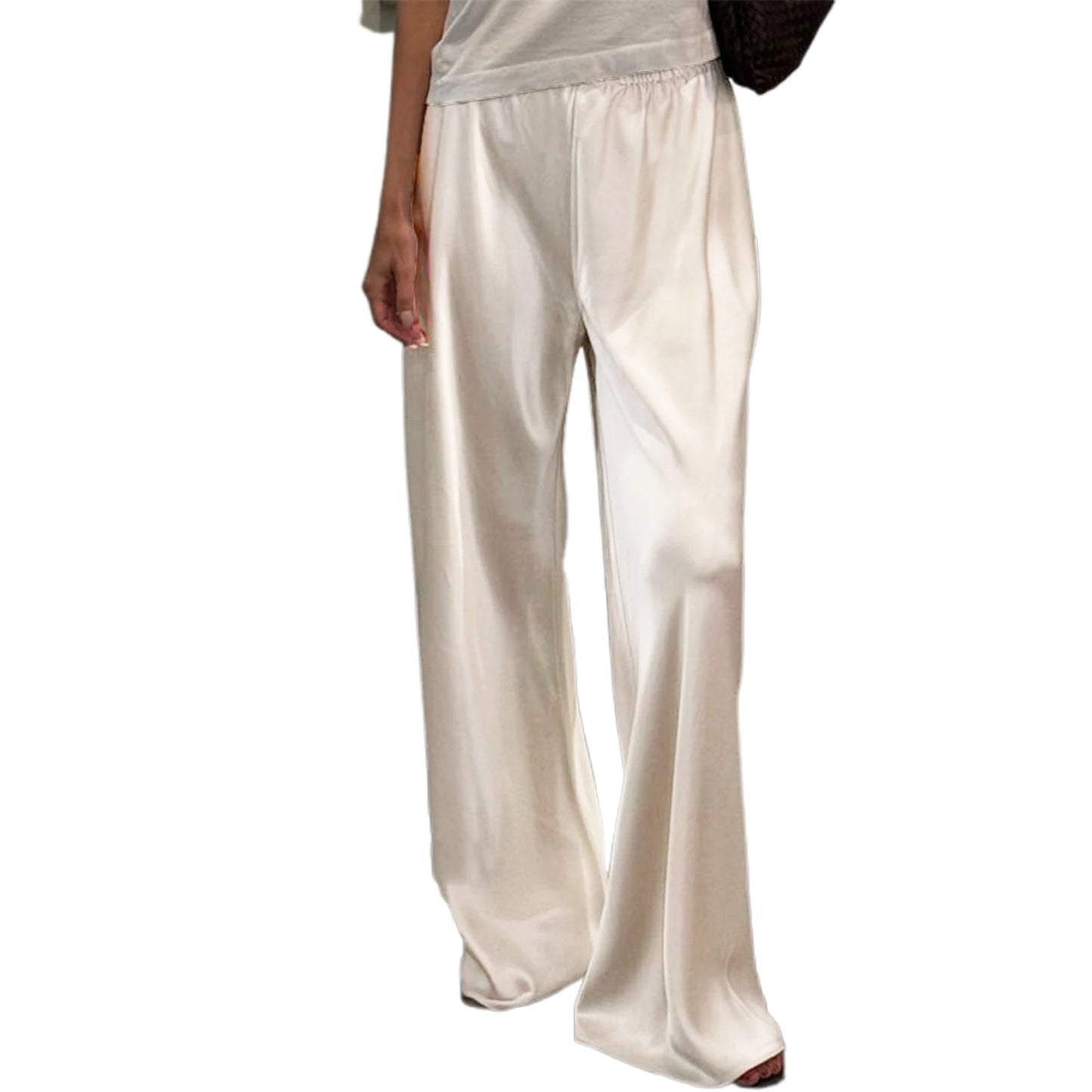 Ladies Stylish Loose Fit Trousers with Stretchy Waistband Elegant Satin Fabric Work Pants in Solid Color for a Chic Look