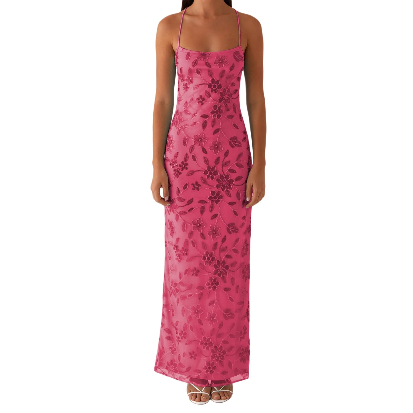 Elegant Sequin Embellished Maxi Dress with Floral Appliques and High Side Slit Perfect for Evening Party or Clubwear