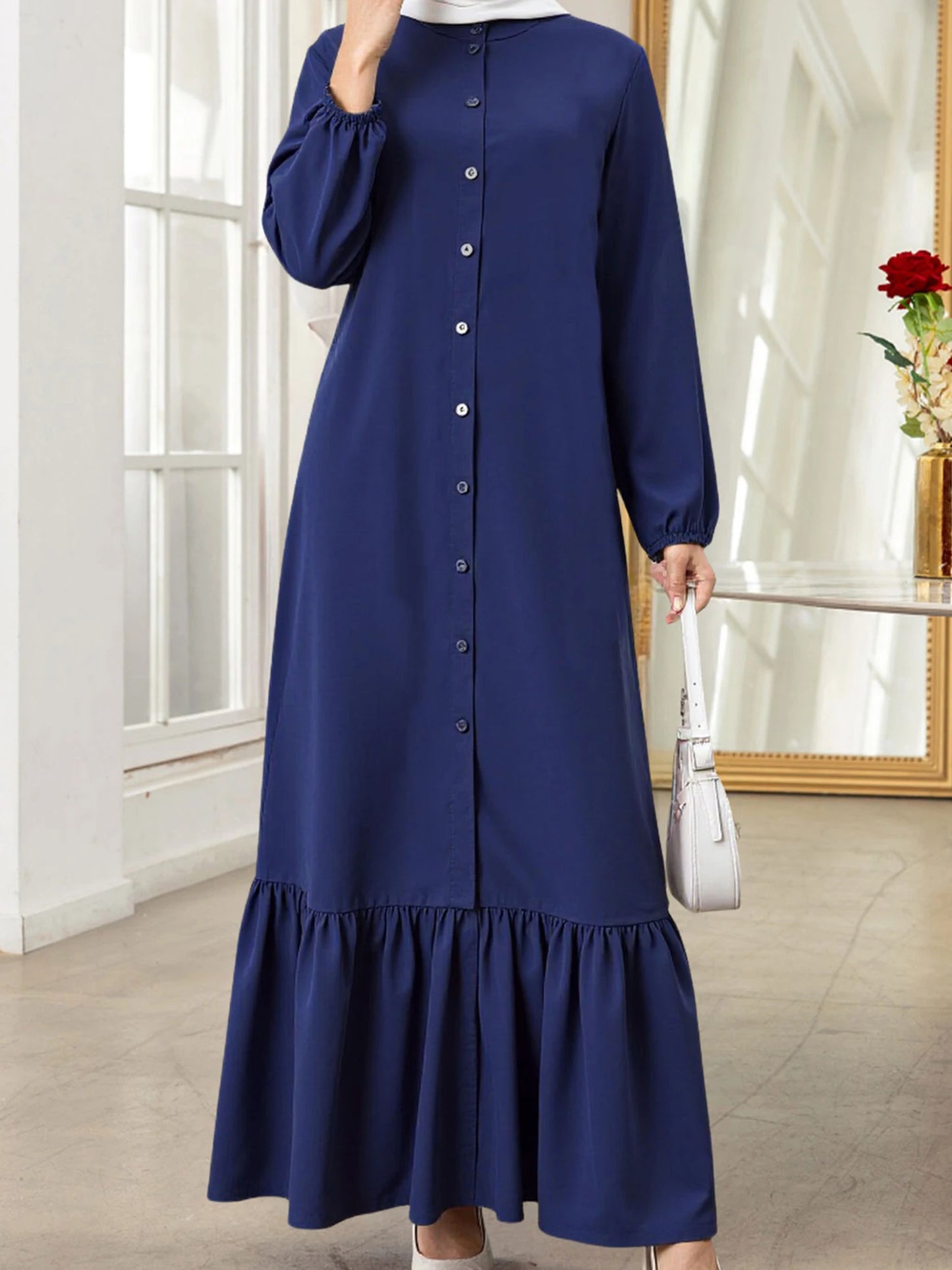 Middle Eastern Style Women s Long Dress with Solid Color and Loose Fit Design Featuring Button Down Front Crew Neck and Long
