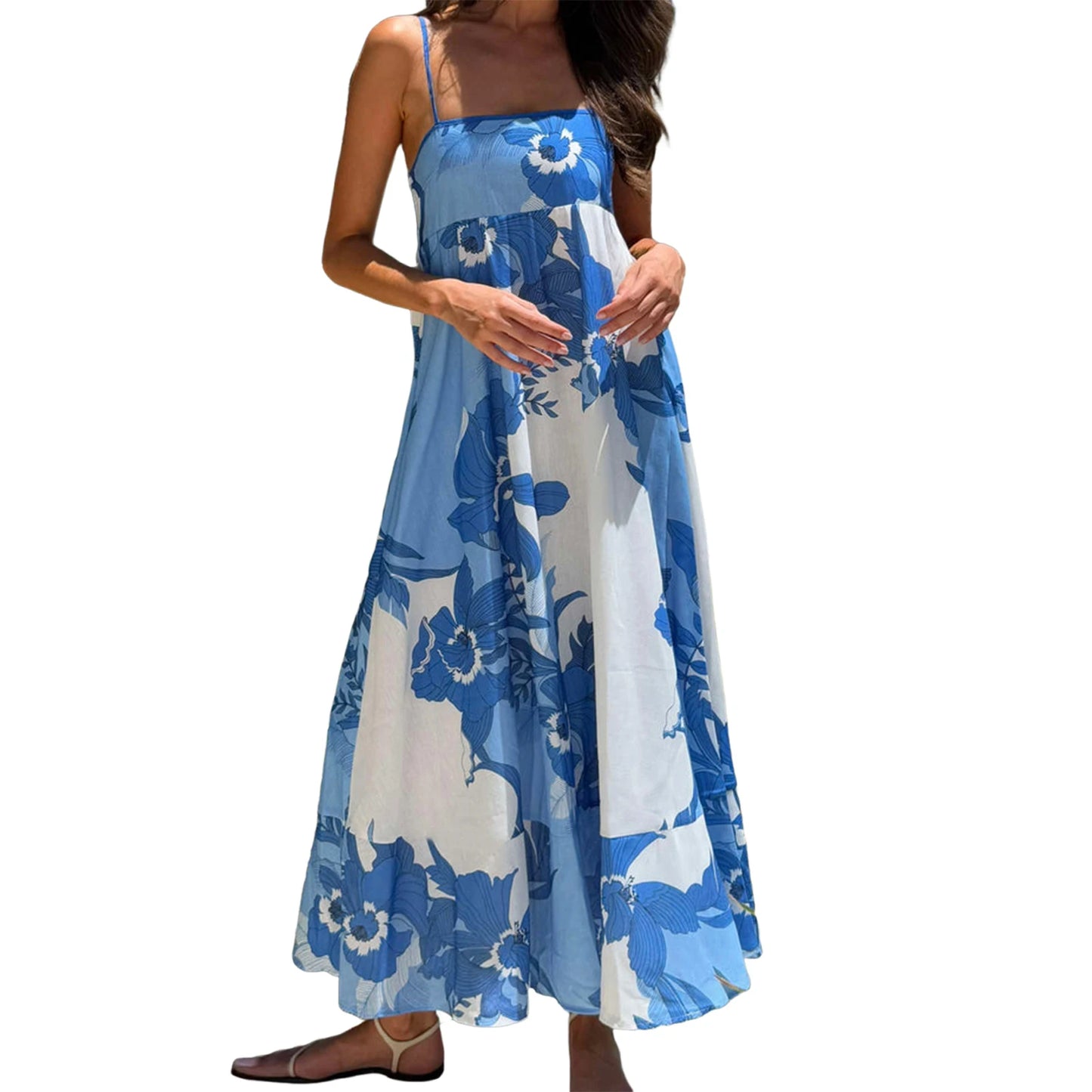Women s Elegant Floral Print Sleeveless Maxi Dress with Adjustable Spaghetti Straps and A-Line Silhouette for Summer Beach