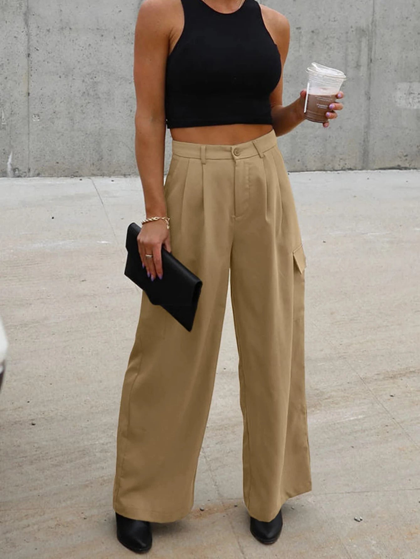 Casual High Waisted Pants for Women Loose Solid Color Versatile Wide Leg Pants with 4 Pockets Cargo Pants Khaki XL
