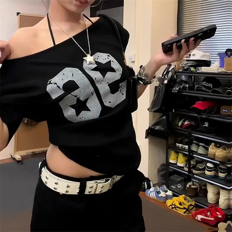 Off Shoulder Y2k Tops Print Short Sleeve T-Shirt Harajuku Loose Women Top Summer New Fashion Street Clothing