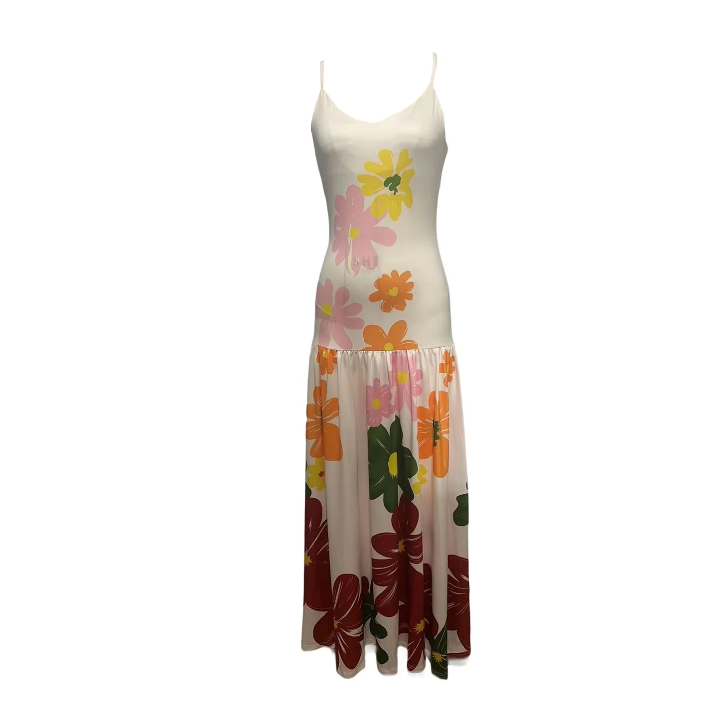 Women s Boho Floral Print Spaghetti Strap Maxi Dress Sleeveless Flowy Hem Summer Beach Cami Dress with Pockets