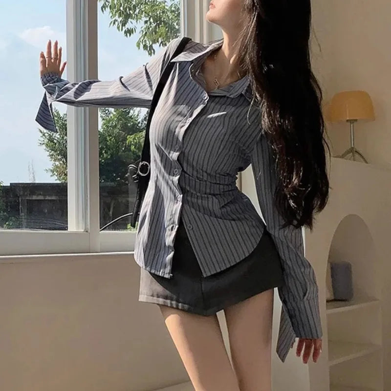 Korean Blue Striped Long Sleeve Shirt Jacket Women's Spring Design Waist Cinching Slimming Top Women Clothing