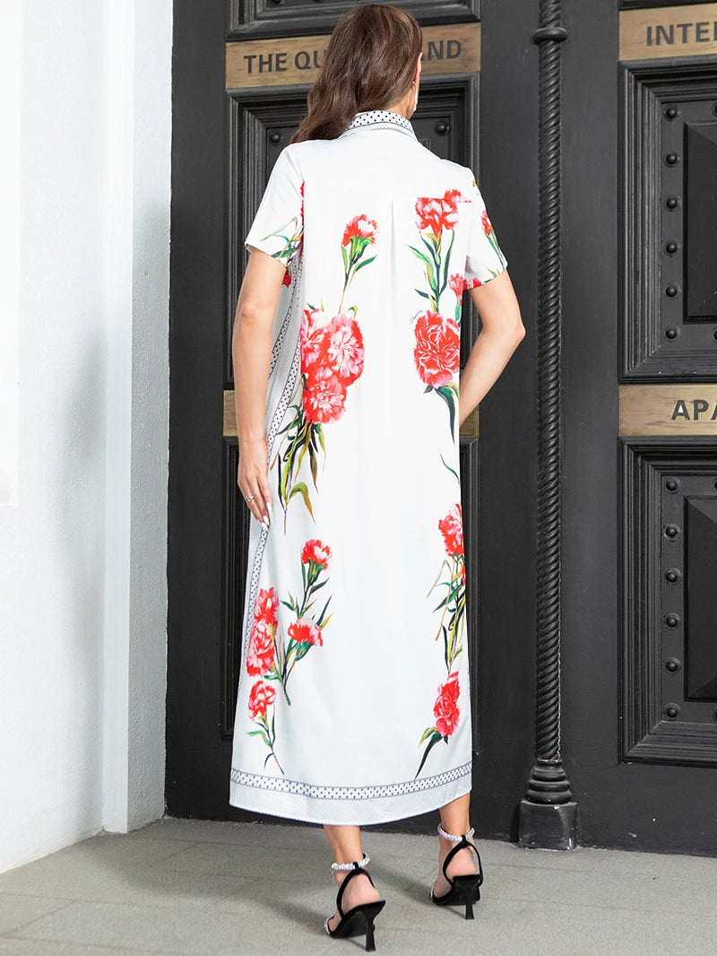 Elegant style Lapel Dots Flowers Color contrast Buttons Regular sleeve Long Dresses White Dresses