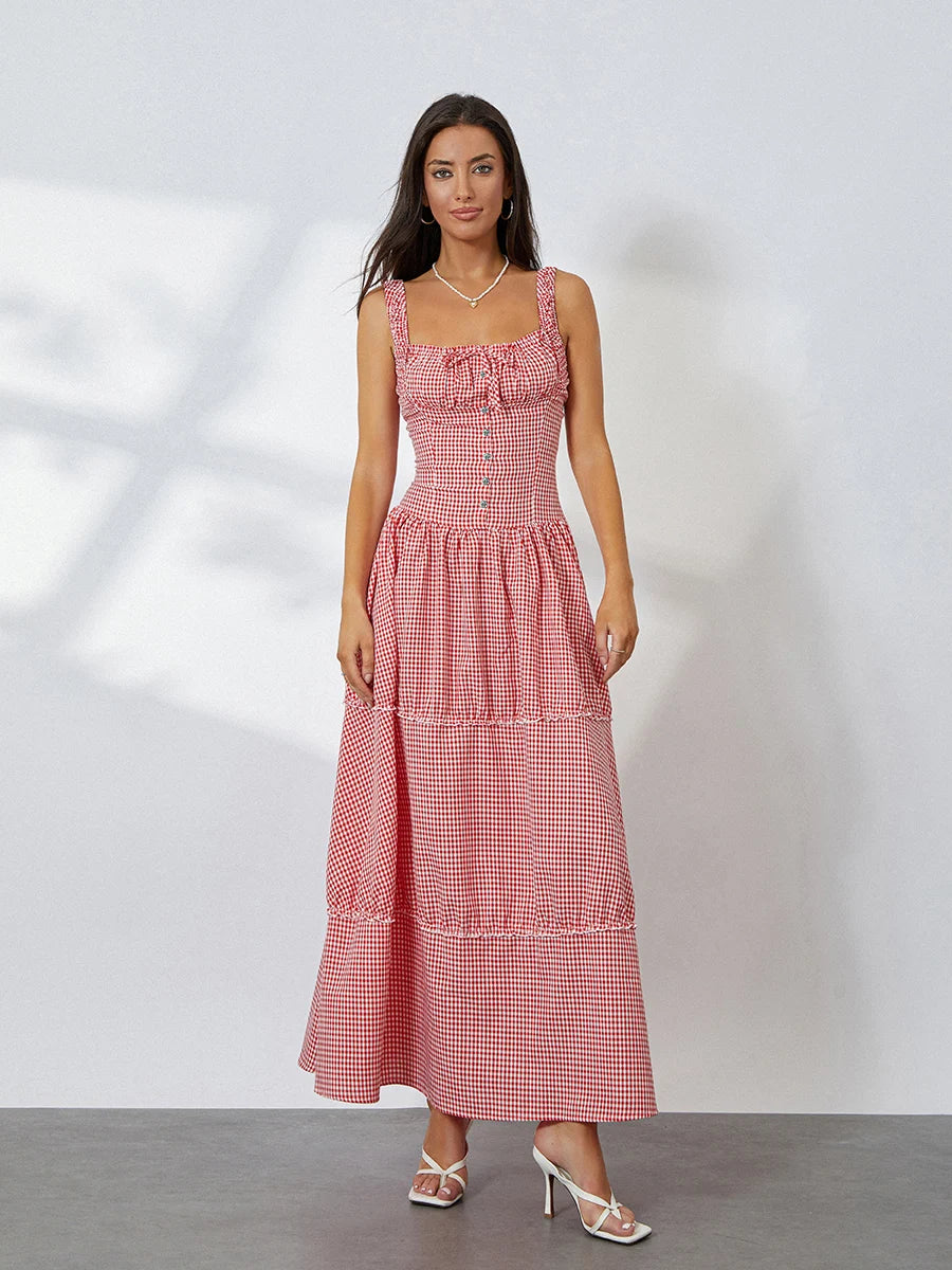 Women Summer Sleeveless Dress Casual Plaid Print Ruffle Party Dress for Cocktail Beach Club Streetwear