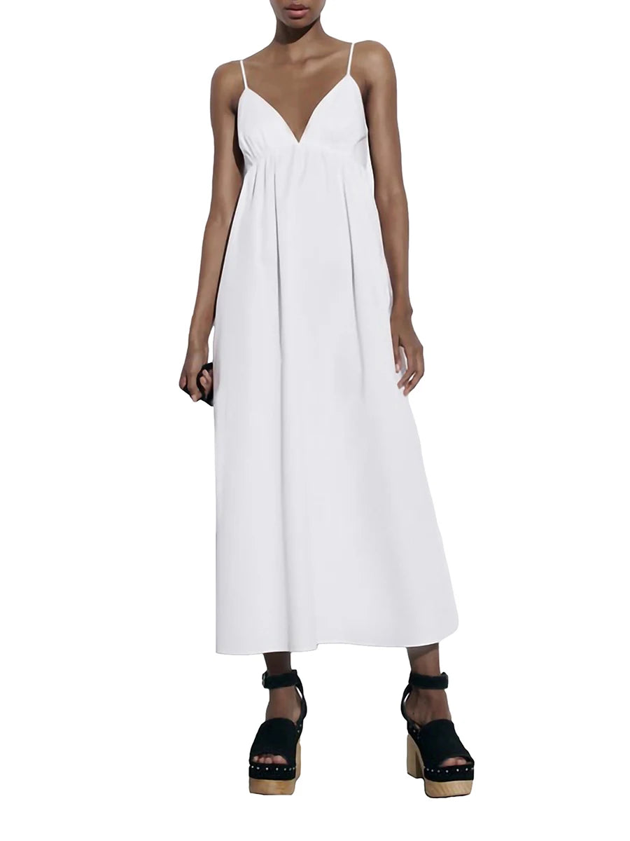 Women Solid Color Long Dress V-Neck Sleeveless Backless A-line Dress Summer Casual Beach Party Cami Dress