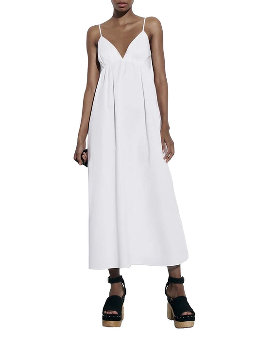 Women Solid Color Long Dress V-Neck Sleeveless Backless A-line Dress Summer Casual Beach Party Cami Dress