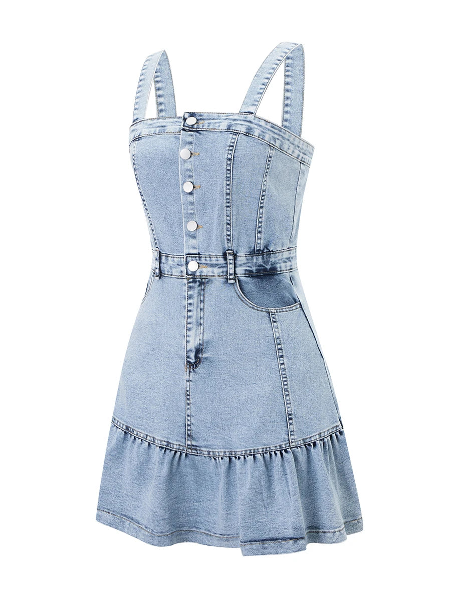 Women s Sleeveless Denim Jumpsuit with Button Up Front and Square Neckline Solid Color Overall Mini Dress for Summer Beachwear