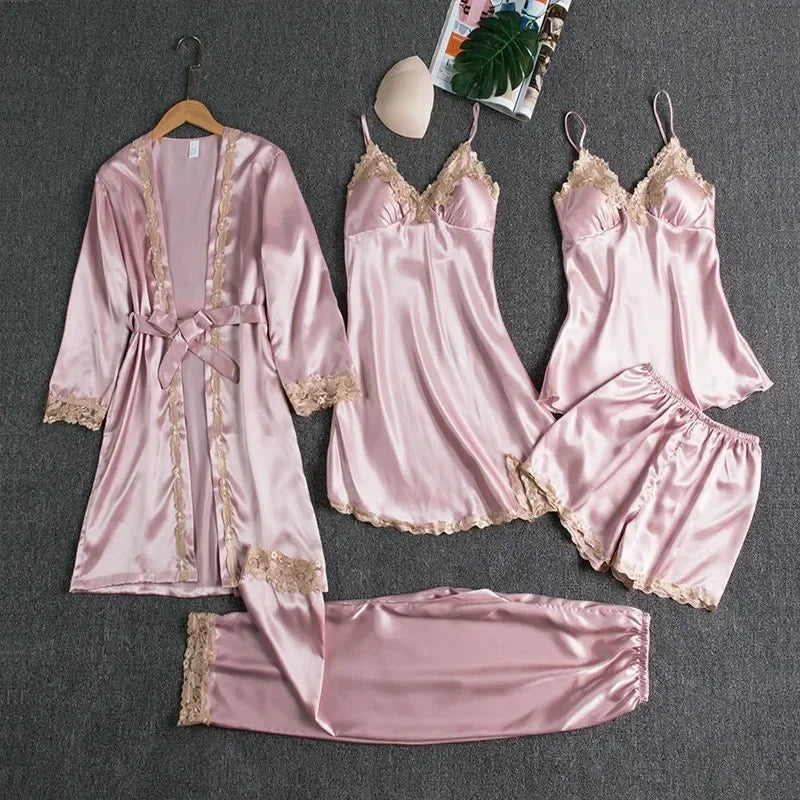 2025New Luxury Satin Pajama Set 5 Pcs Women's Silky Sleepwear Lace Trim Robe Nightgown Cami Shorts Pants Elegant Loungewear Hot