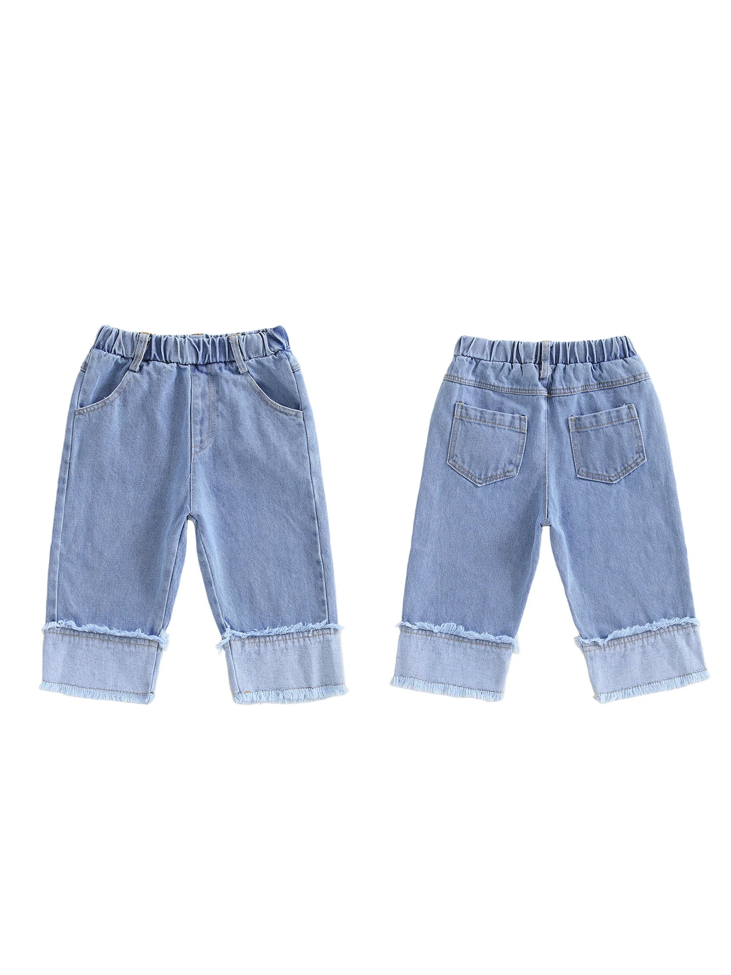 Girls Spring Summer Elastic Waistband Patchwork Denim Jeans with Pockets and Cute Embroidery Details