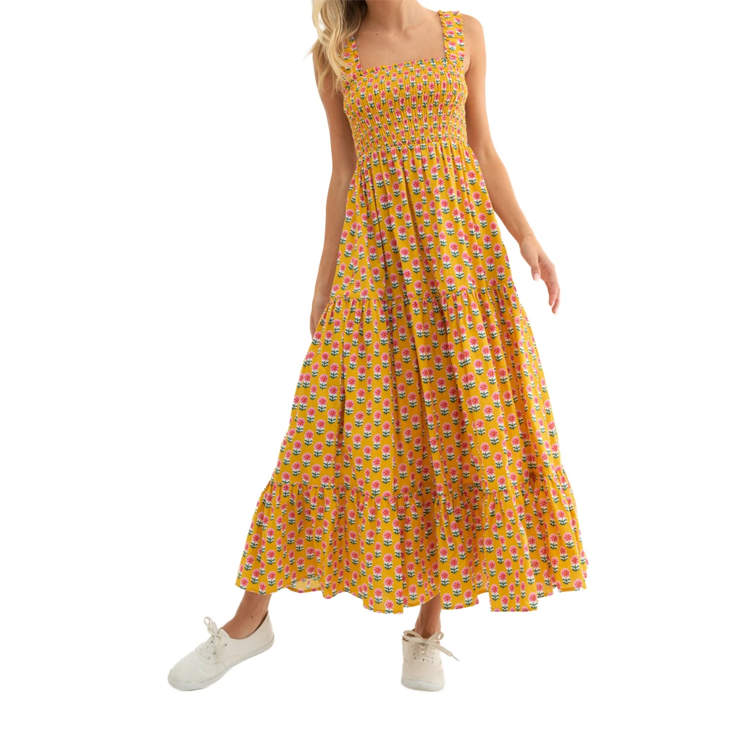 Women Boho Maxi Dress Off Shoulder Ruffle Floral Print Sleeveless Smocked Waist Long Summer Beach Dress with Pockets