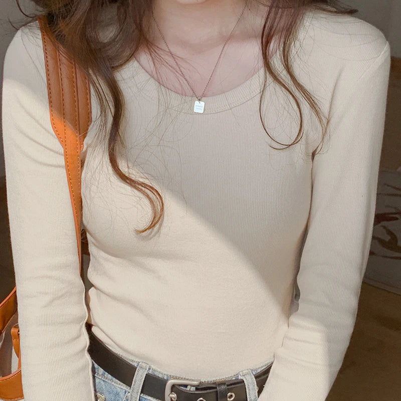 Screw Thread T Shirt Women Autumn Long Sleeve Top Basic Cotton T-Shirts Korean Style Clothes Slim Tee Shirt Femme Camiseta Mujer