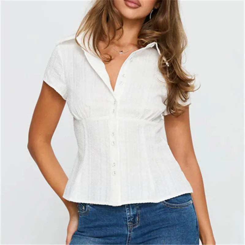 Women Y2k Aesthetic Button-up Shirt 90s Vintage Cottage Short Sleeve Lapel Slim Fit Blouse Fairy Grunge Crop Tops Summer