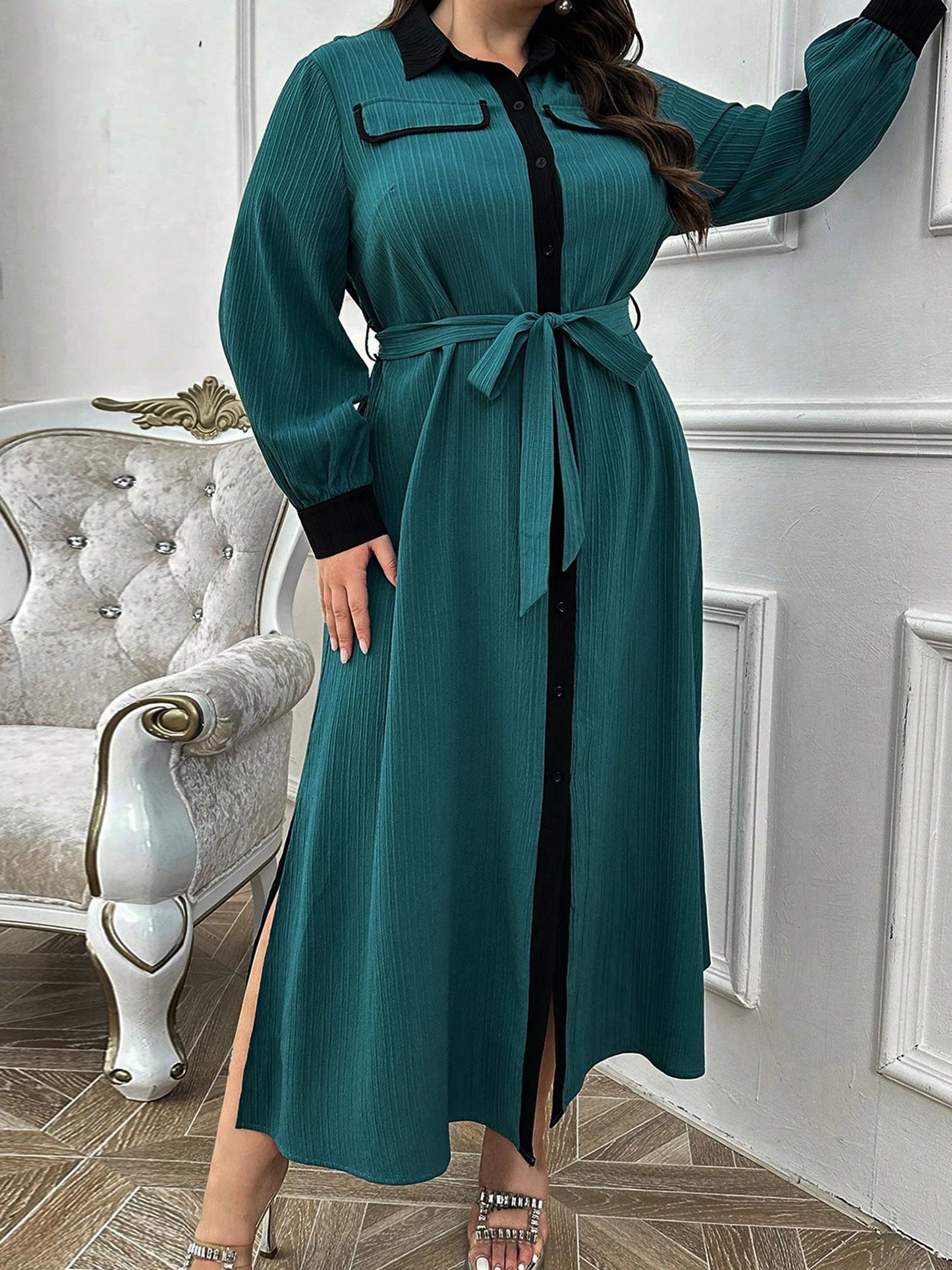 Stylish Plus Size Women s Dress with Long Sleeves and Turn-down Collar Perfect for Fall Season Casual Wear