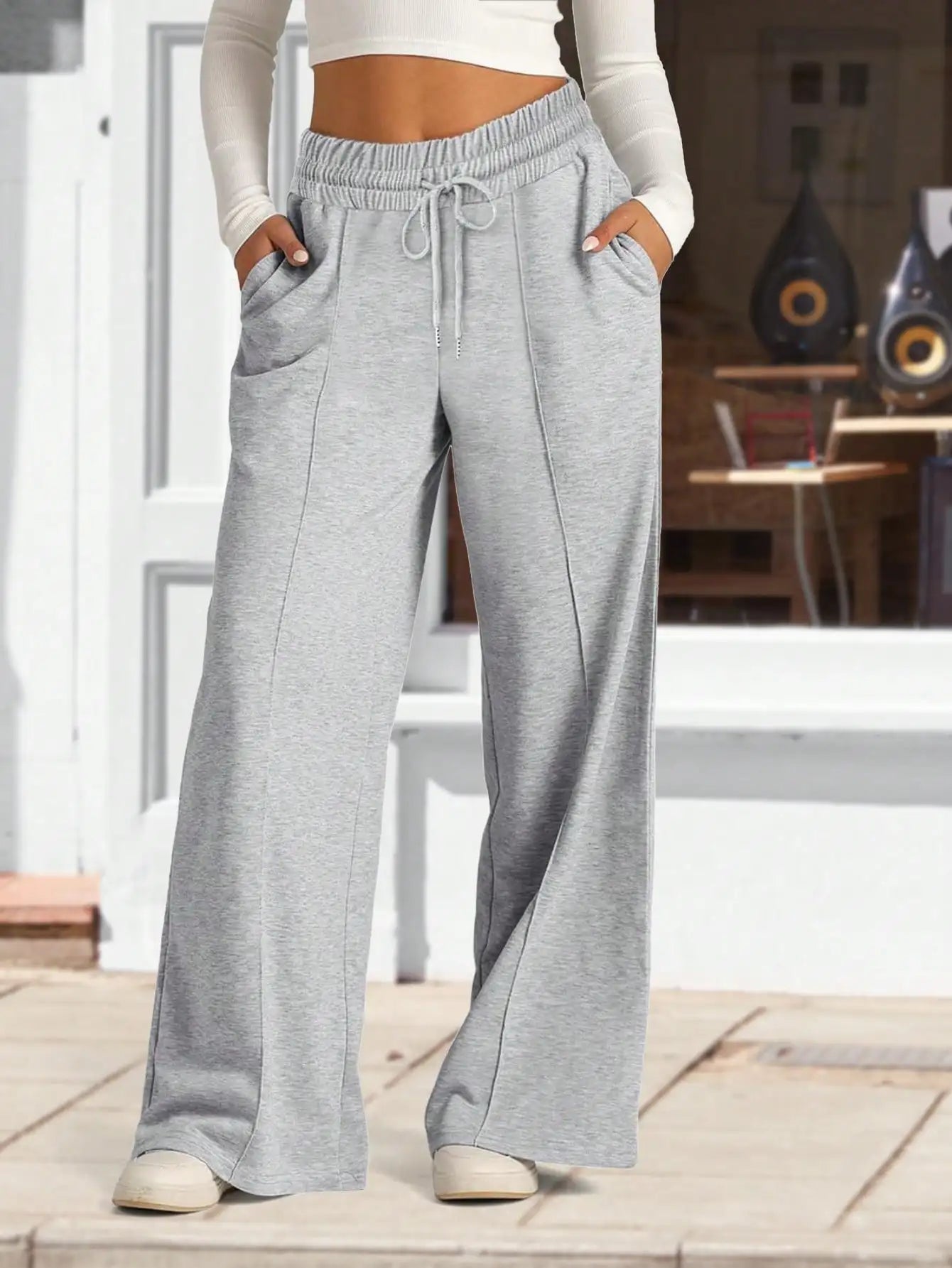 2024 Women's High Waist Wide Leg Sports Pants Elastic Drawstring Loose Fit Athletic Pants with Pockets Yoga Lounge Trousers