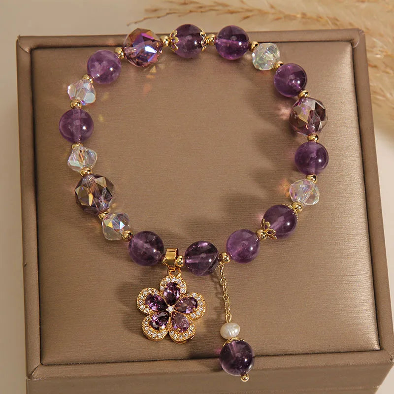 Natural Amethyst Bracelet for Women, Floral Boho Chic Crystal Beads Handmade Adjustable Student Gift, Minimalist Dainty Jewelry
