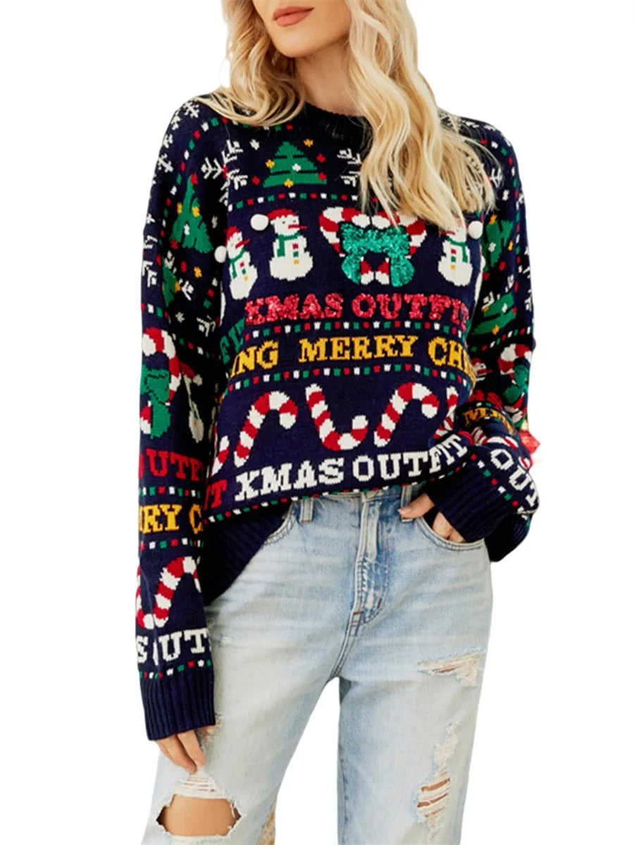 Women s Ugly Christmas Sweaters Long Sleeve Santa Snowman Print Loose Knit Pullovers