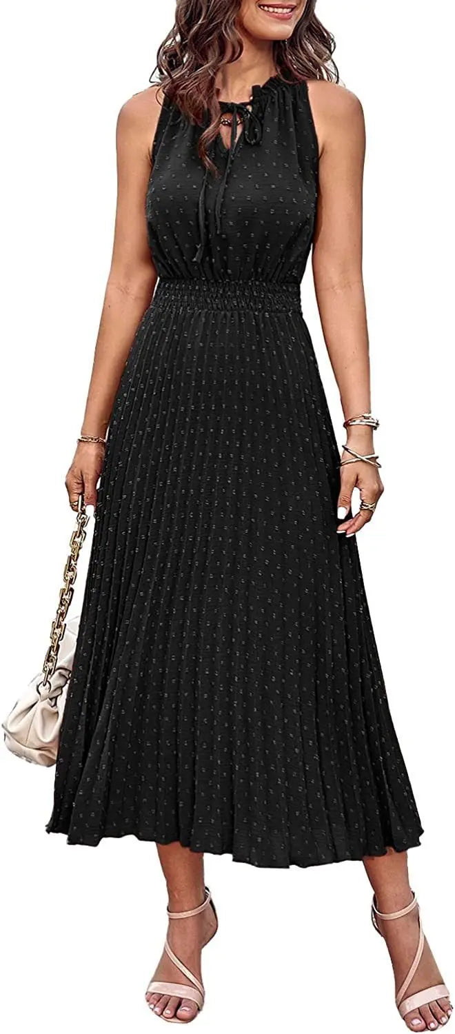 Women's Spring Fall Midi Dress Casual Long/Short Sleeve Elegant and fashionable V Neck Swiss Dot Pleated A Line Flowy Dresses