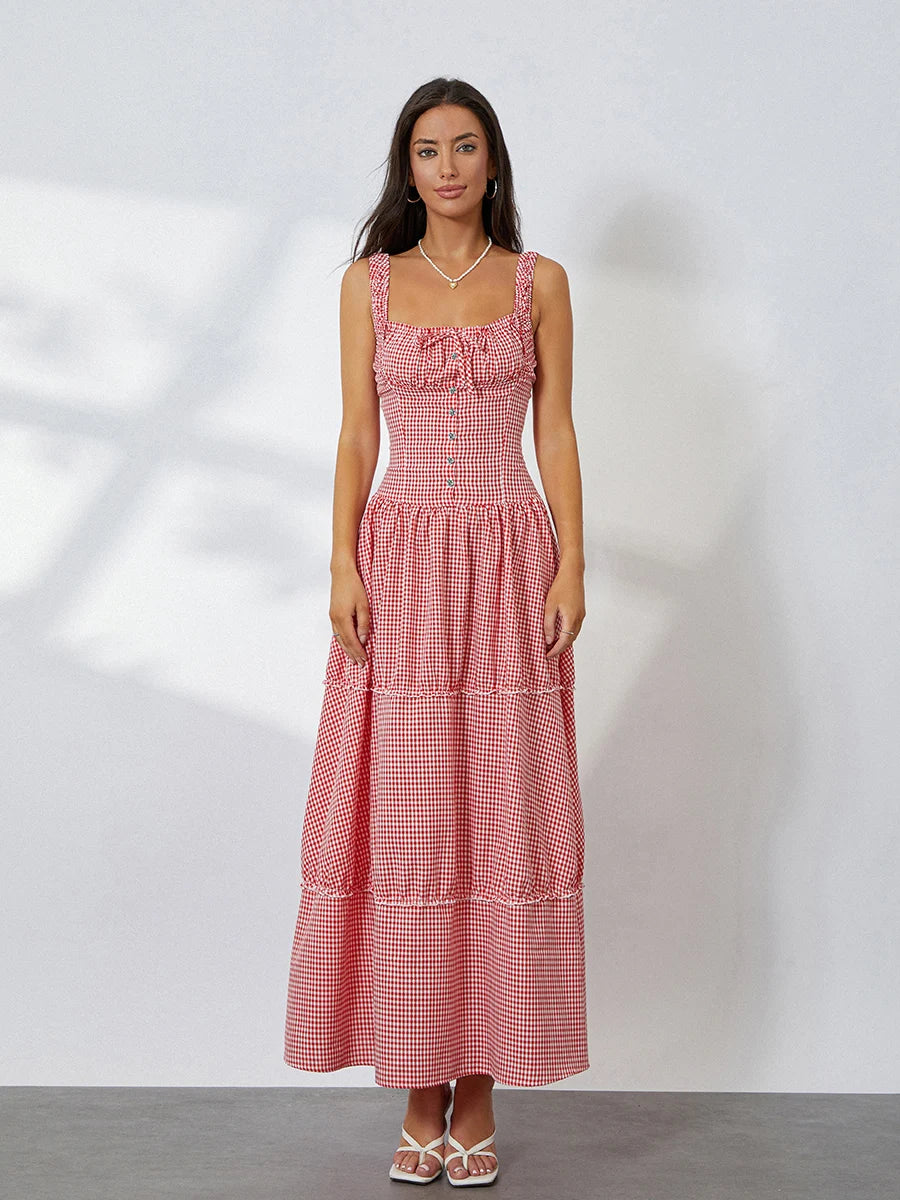 Women Summer Sleeveless Dress Casual Plaid Print Ruffle Party Dress for Cocktail Beach Club Streetwear