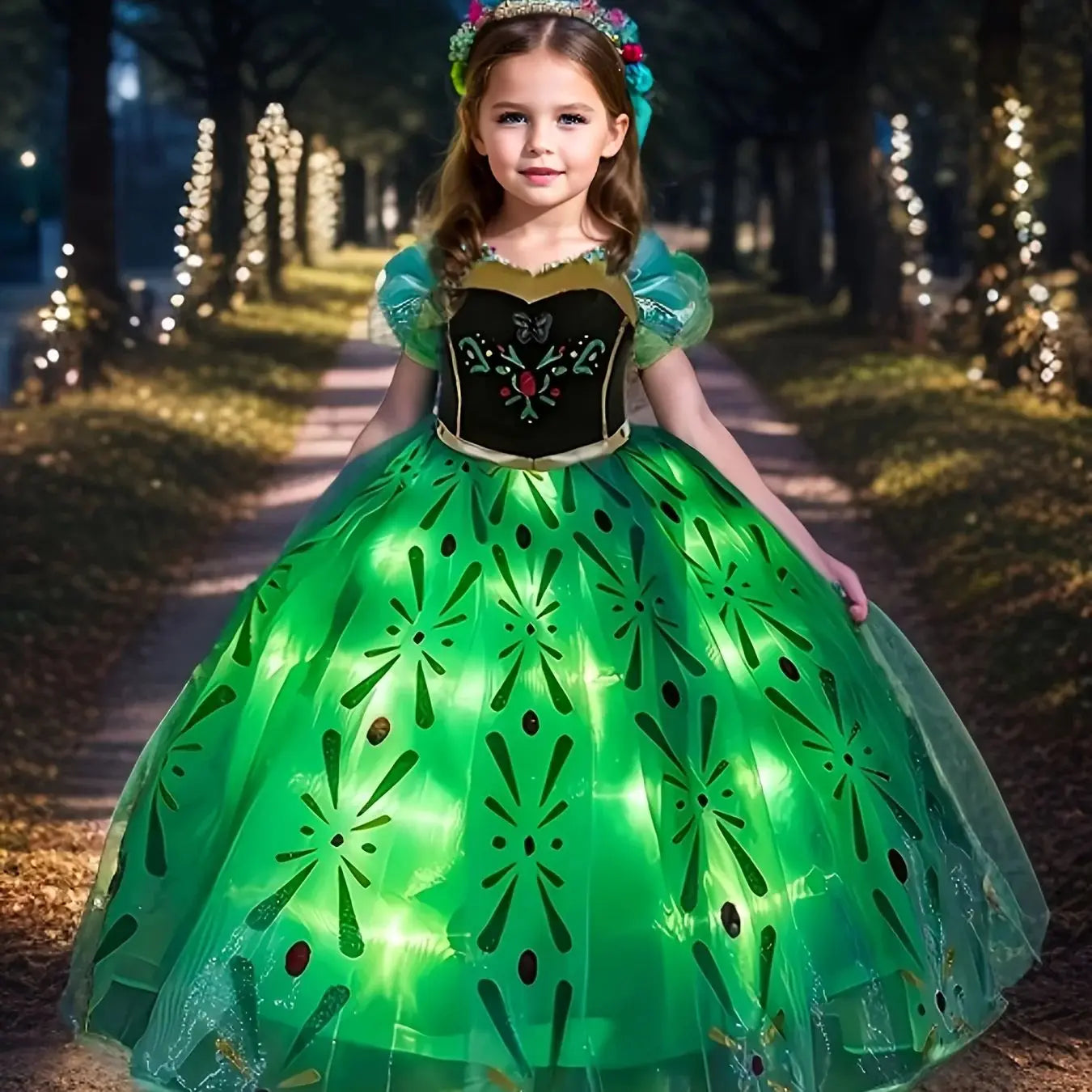 Glowing Magic Green Led Princess Dress for Girls 3-12 Years Old Suitable for Sparkling Birthday/Party Costumes, Halloween Cosplay and Holiday Gifts (Shipped from Not Included)