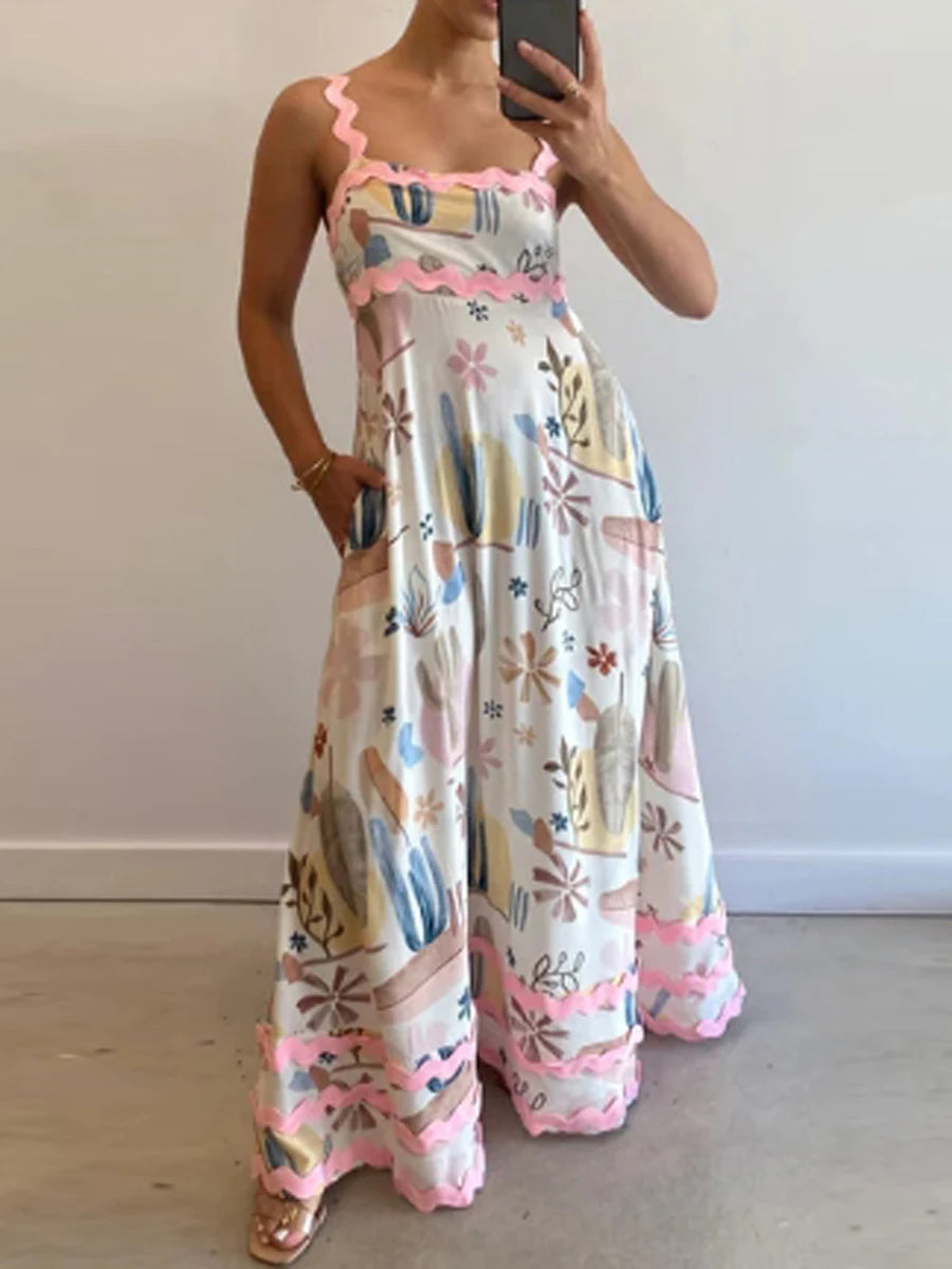 Women s Long Cami Dress Floral Leopard Print Sleeveless Square Neck Backless A-Line Ric Rac Dress