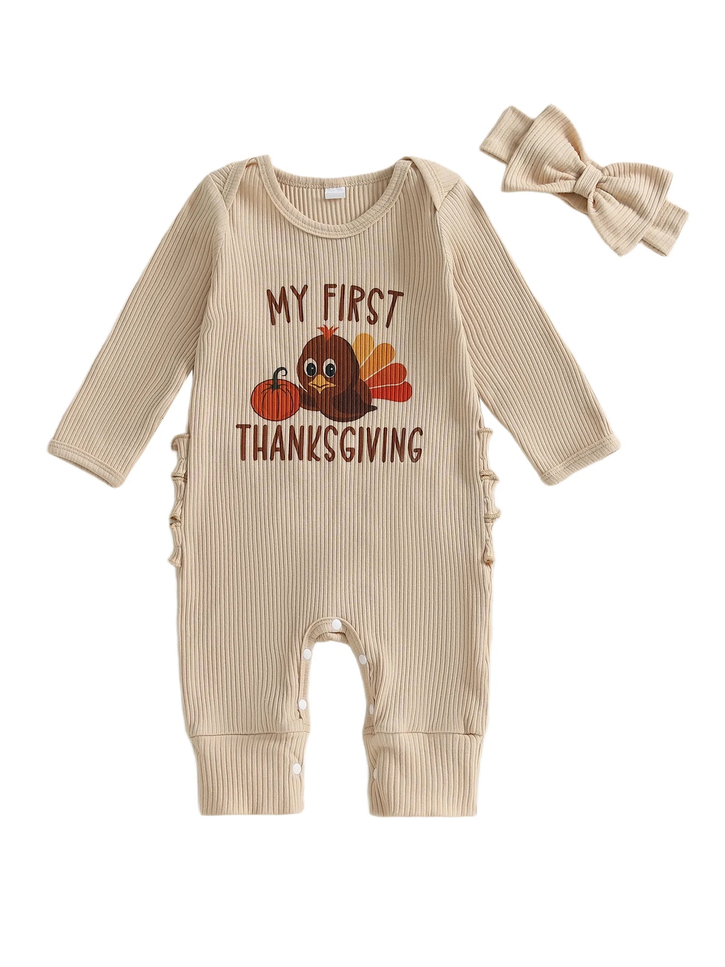Thanksgiving Baby Girl Romper Long Sleeve O Neck Letter Turkey Print Jumpsuit with Matching Headband Set for Fall Holiday