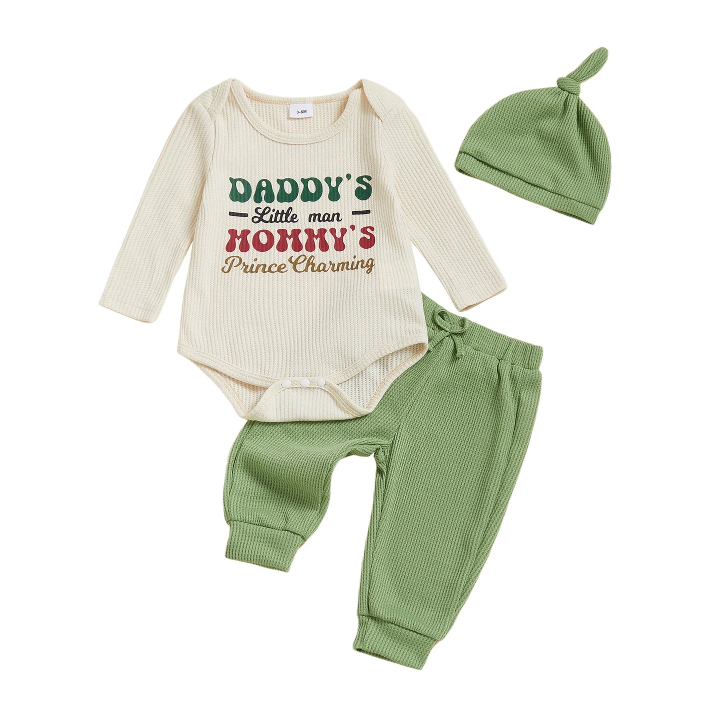 Adorable Infant Unisex Clothing Set with Printed Romper Joggers Pants and Hat - Long Sleeve Crew Neck Outfit for Newborn Boy