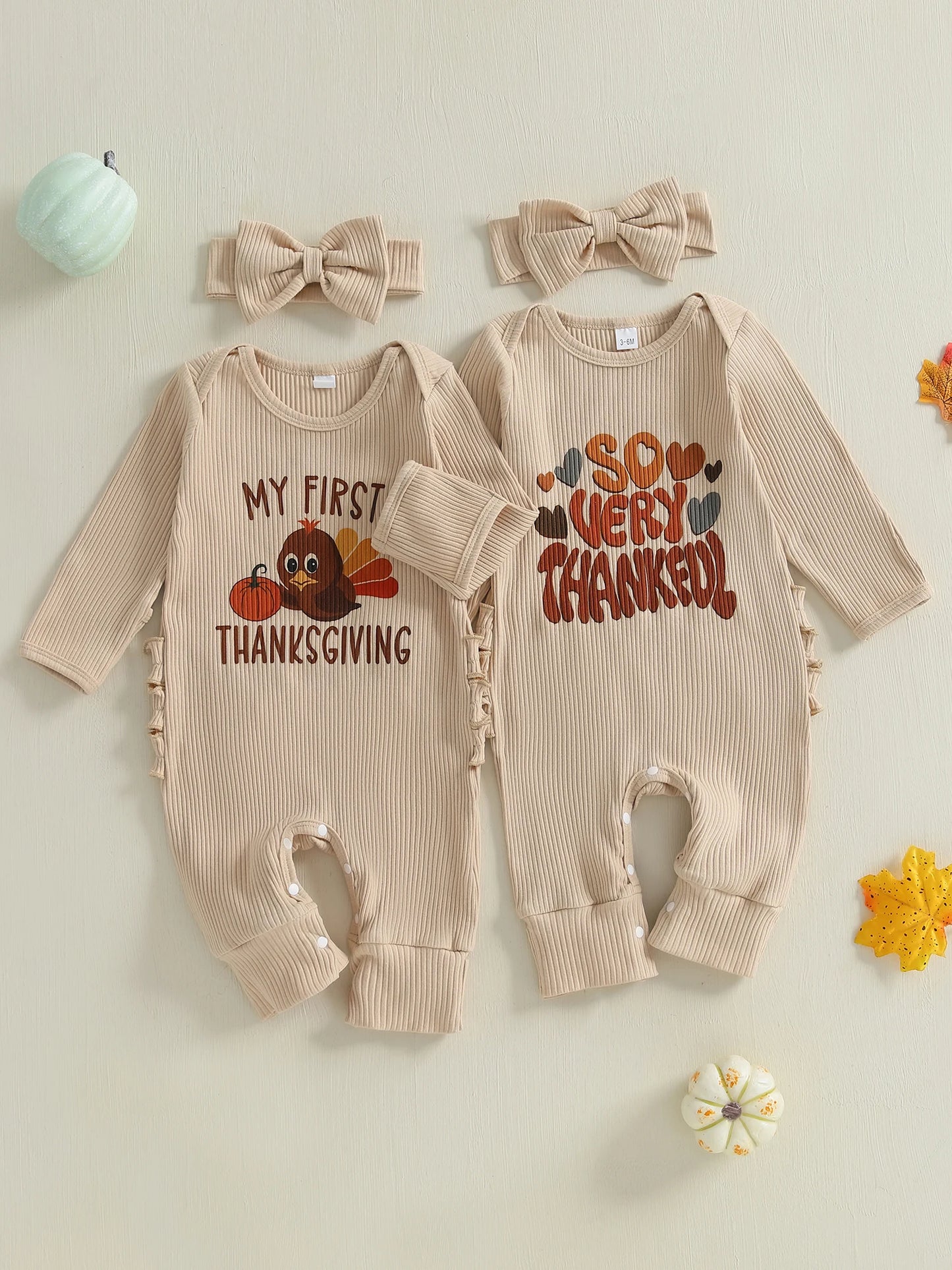 Thanksgiving Baby Girl Romper Long Sleeve O Neck Letter Turkey Print Jumpsuit with Matching Headband Set for Fall Holiday
