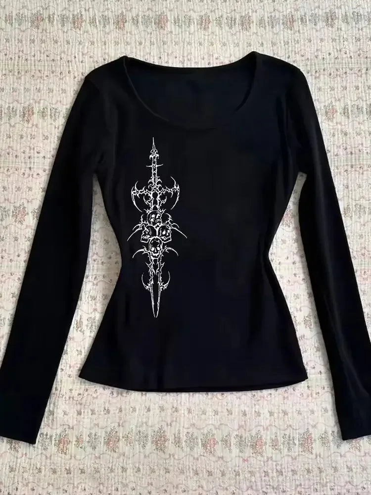 Yedinas Korean Fashion Graphic Tees Slightly Transparent T Shirt Women Clothing Long Sleeve Loose T-shirt Streetwear Spring Tops