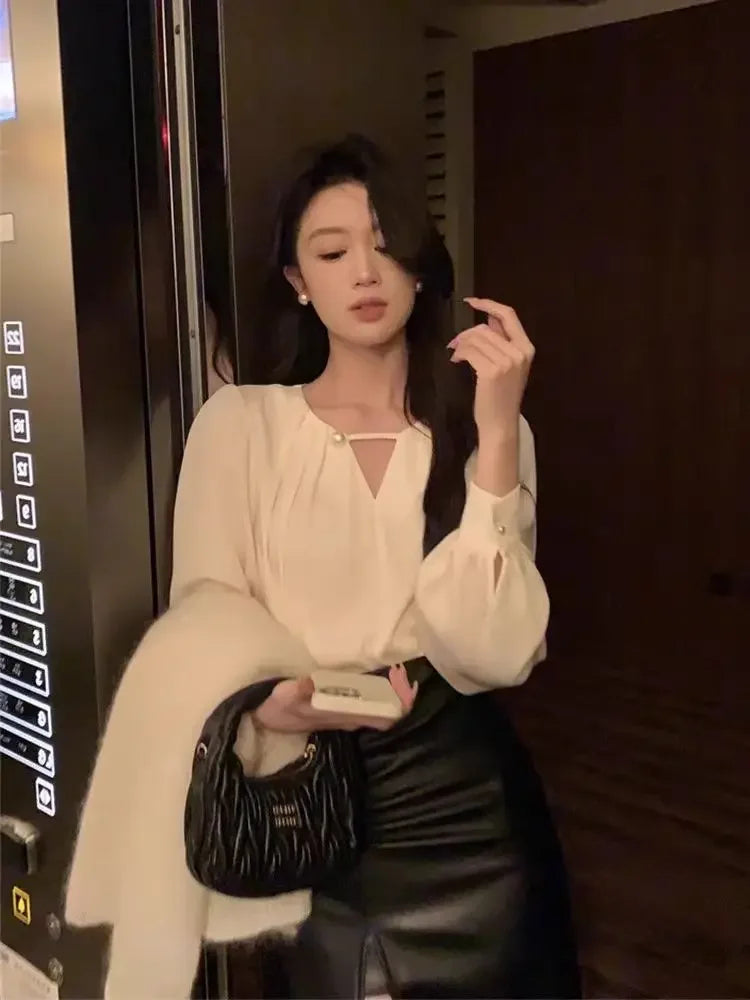 Autumn Spring Office Lady Blouse Elegant Korean Fashion Long Sleeve Shirt Women's Tops White Pink With Pearl Female Office Wear