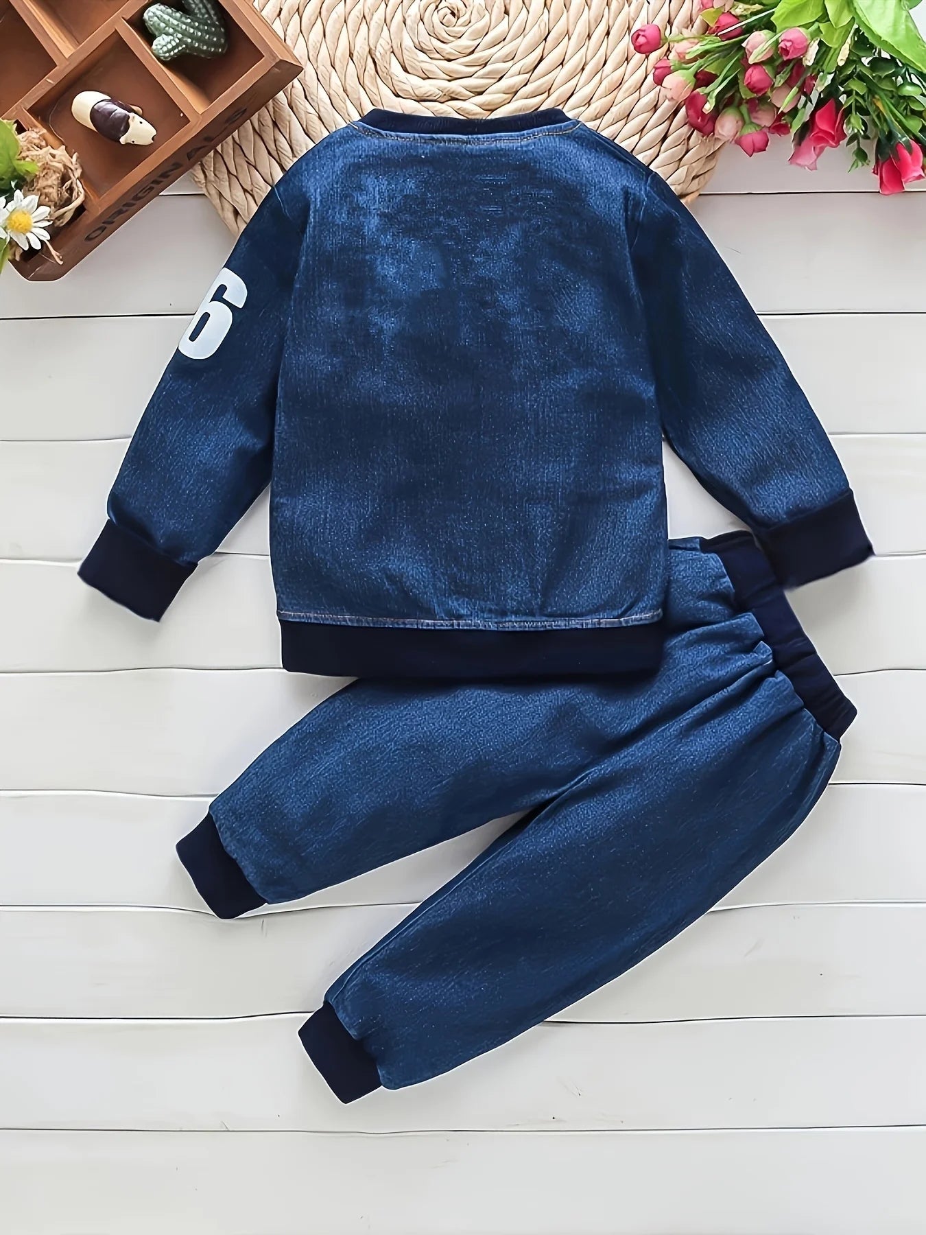 Boys' new fashion trend digital 76 printed jacket, boys' baby jeans two-piece set