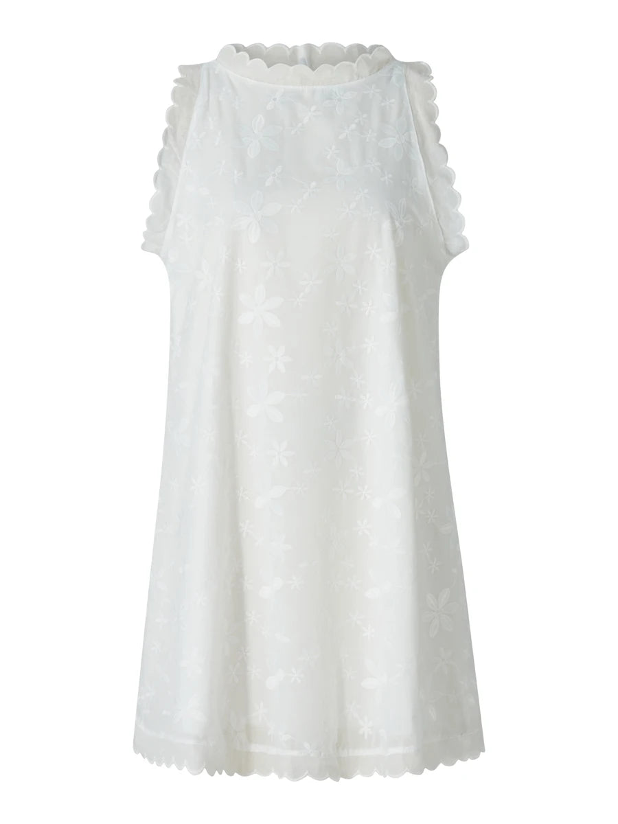 Women Summer Casual Short Dress Flower Lace Crew Neck Sleeveless Sweet Dress Fashion Mini Dress