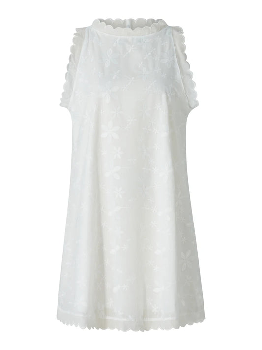 Women Summer Casual Short Dress Flower Lace Crew Neck Sleeveless Sweet Dress Fashion Mini Dress