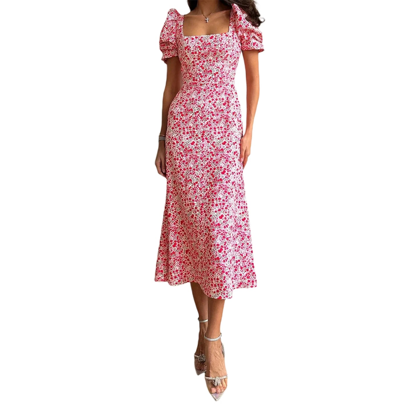 Women s Summer Midi Dress Casual Short Puff Sleeve Floral Print A-Line Dress Elegant Flowy Dress