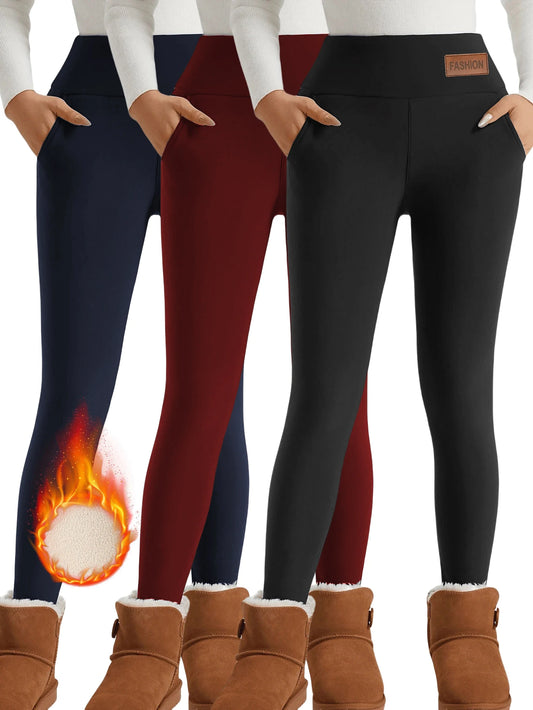 【3 Pack Winter Warm Pants】Fleece Lined High Waist Leggings for Women, Black+Navy+Wine Red Thickened Thermal Trousers, Windproof