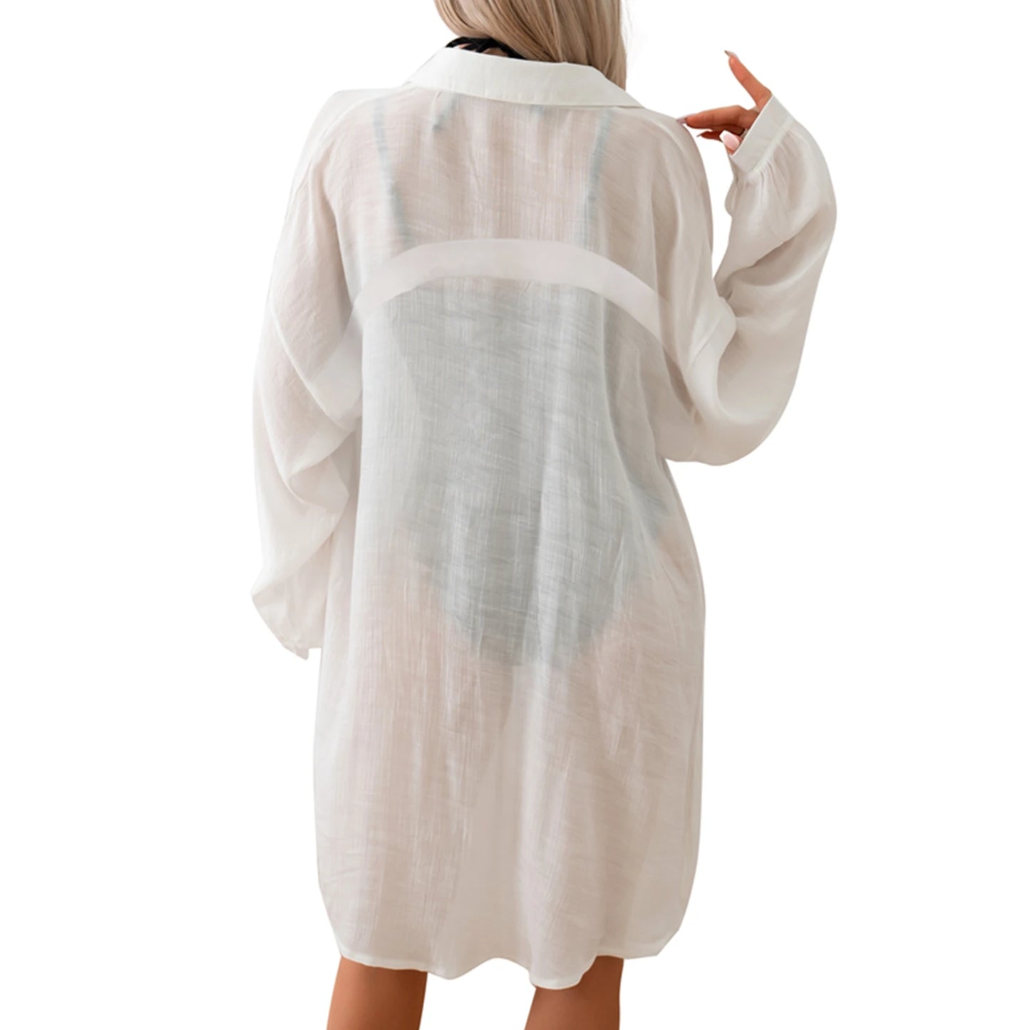 Women s Beach Cover Up Dress Solid Color Long Sleeve Lapel Button Up Bikini Cover Up