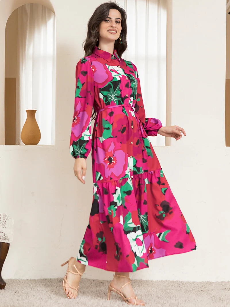 Sweetheart Collar Long Sleeve Button Belted Polka Dot Print Maxi Dress in Rose Pink