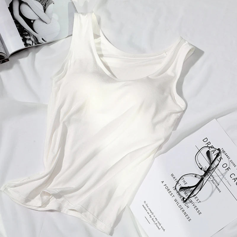 2023 Women's Vest Tops with Built In Bra Neck Vest Solid Color Padded Slim Fit Tank Tops Sexy Shirts Feminino Casual Tank Tops