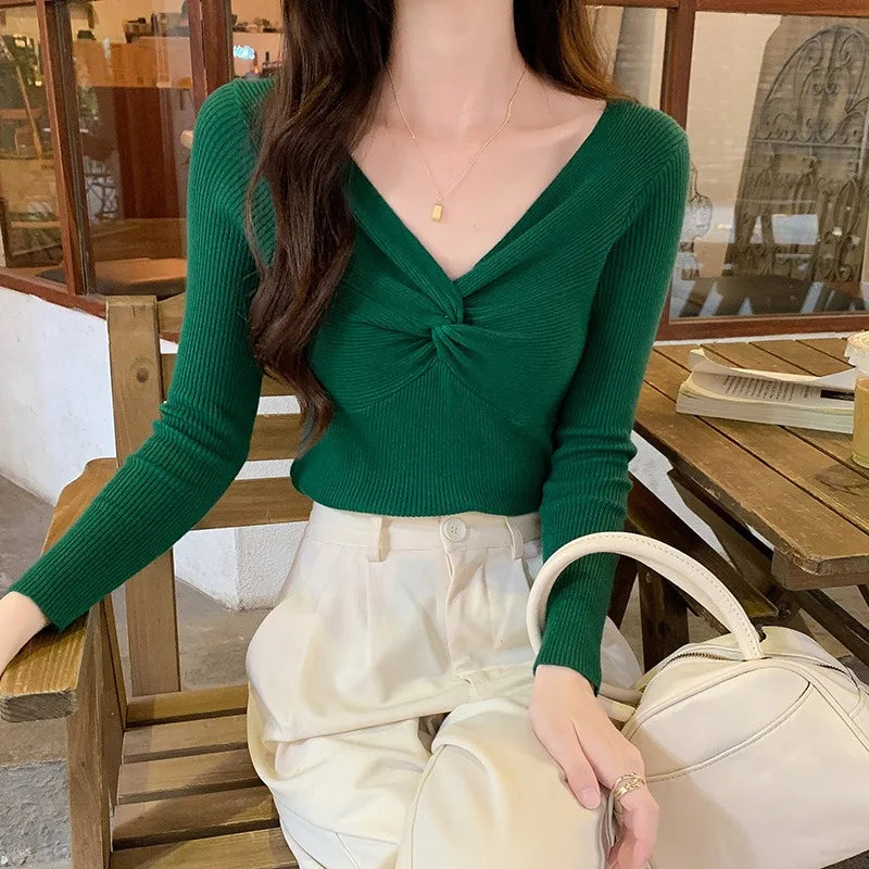 Autumn Winter Skinny Knitted Shirt Women Pullover Sweater Tops Female Long Sleeve Elastic V-neck Slim Sweaters Knit Shirts