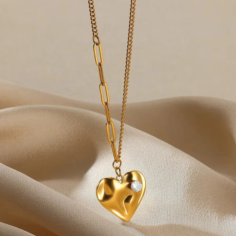 Punk Gold Color Heart Pendant Necklace for Women Stainless Steel Buckle Beaded Neck Chain Choker Y2K Jewelry Accessories