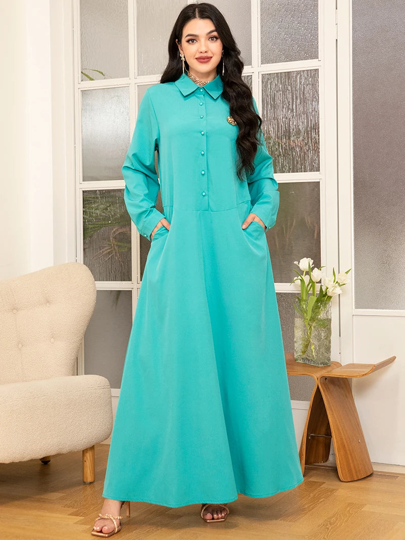 2025 Spring/Summer Collection - Light Green Preppy Lapel Long Dress with Pockets and Button Applique