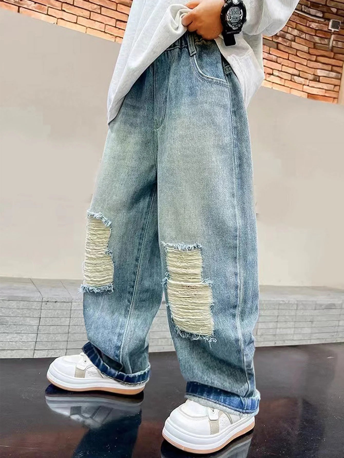 Vintage-washed loose-fit straight-leg relaxed long casual trendy jeans for teenage boy students