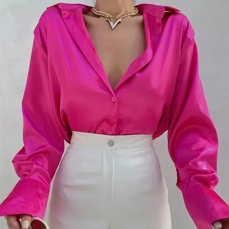 Autumn Elegant Solid Satin Shirt Office Lady Blouse Vintage Long Sleeve Shirt Loose Button Up Shirts Fashion Women Tops 18913