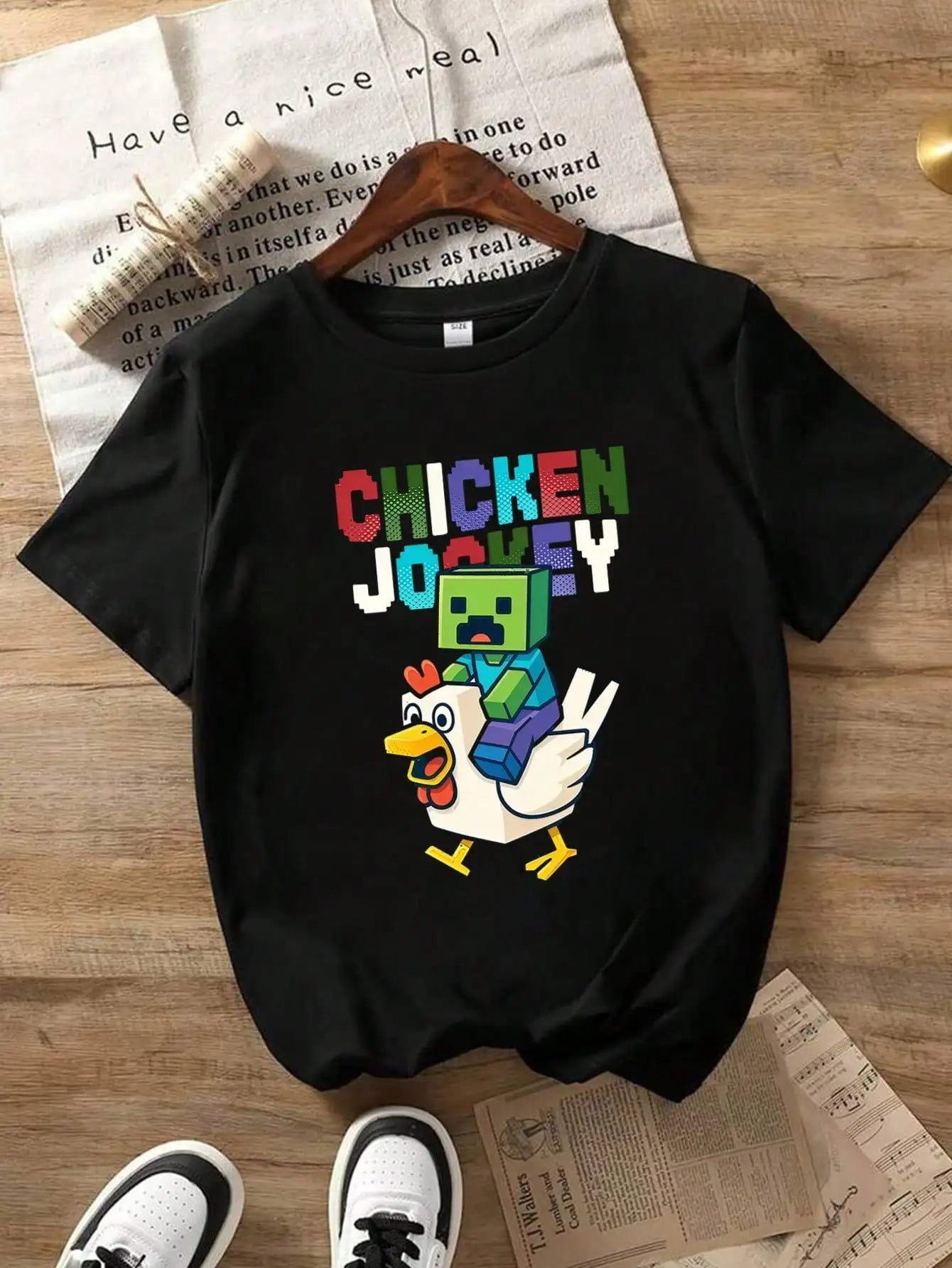 Tween Boys  Chicken Jockey Cotton Graphic Tees, Black Short Sleeve Summer Tops With Gaming Text